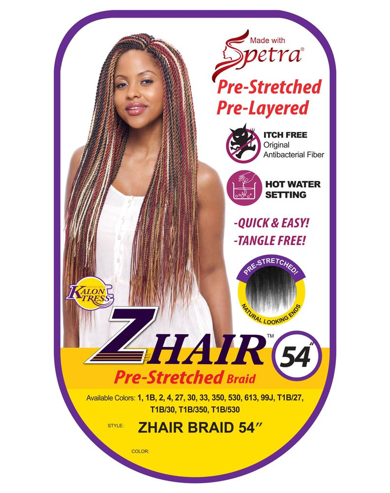 EZ Hair Pre-Stretched Braiding Hair packaging shows a smiling woman with long, multi-toned Z Hair braids.