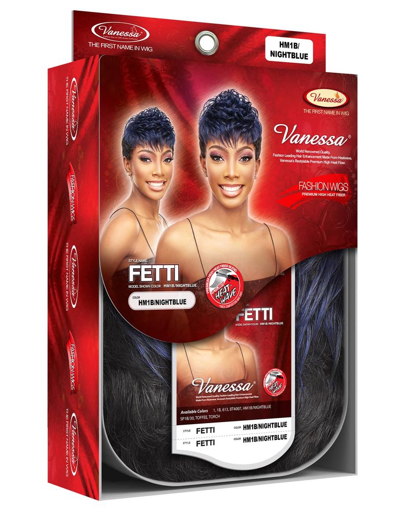 Packaging for Vanessa FETTI synthetic wig, featuring a model with a bold, short, spiky dark blue pixie cut.