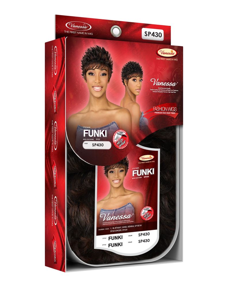 Vanessa FUNKI Synthetic Wig packaging shows a woman modeling a short, spiky dark brown pixie cut.