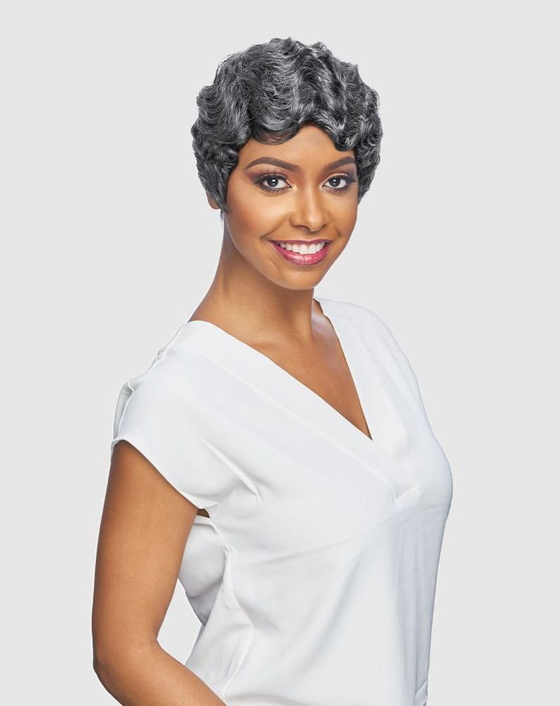 Smiling woman wears the Vanessa GRETA wig: a short, grey finger wave hairstyle, perfectly styled for a flawless look.