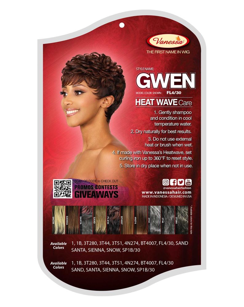 Vanessa GWEN Synthetic Wig packaging. A smiling woman models the short, curly, reddish-brown wig.