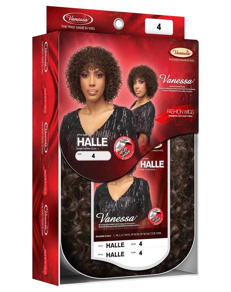 Vanessa HALLE Synthetic Wig β Chic Cut packaging with a model wearing a short, curly dark brown bob wig and bangs.