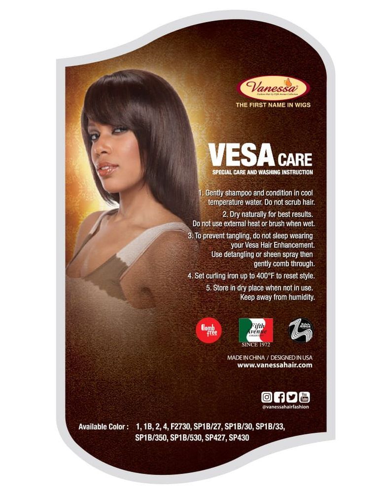 Vanessa HB LIBBY Human Hair Blend Wig packaging. Model wears long, straight dark brown hair with full bangs.