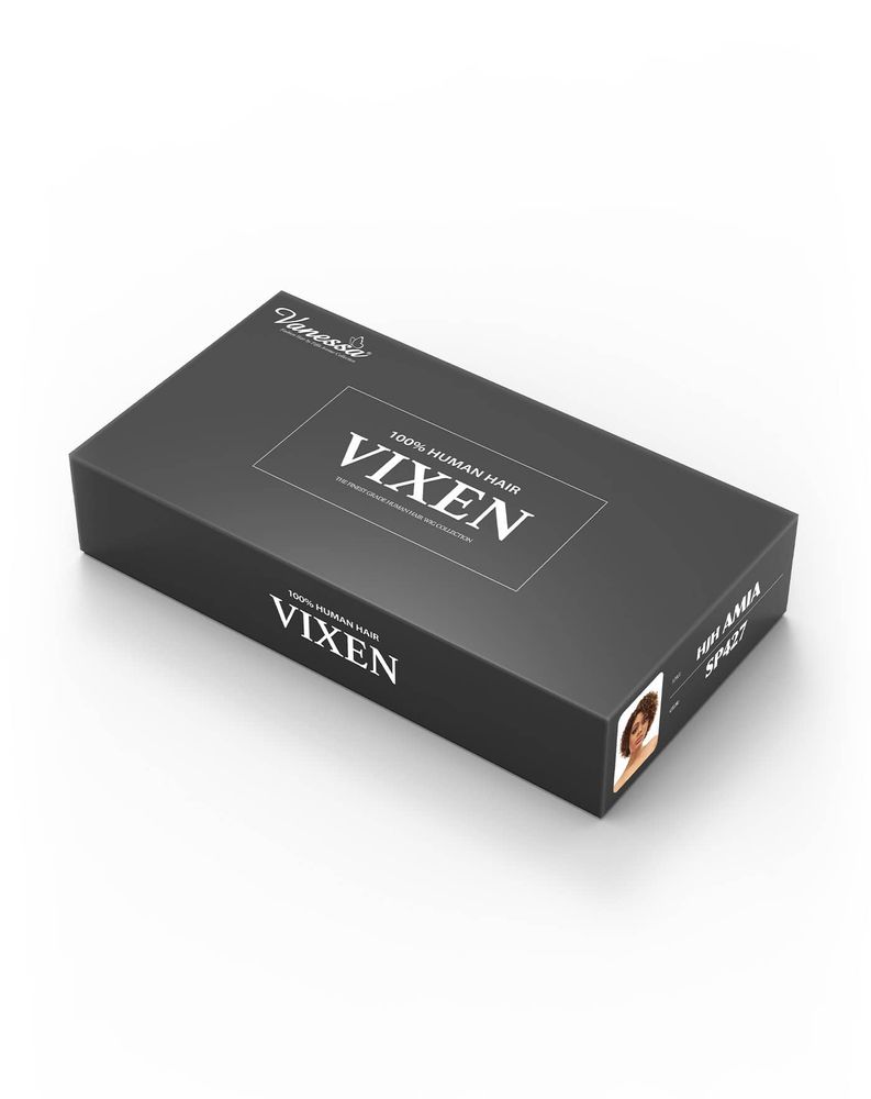 Black Human Wigs HJH AMIA packaging for Vixen, with a small image of a model featuring short, curly, auburn hair.
