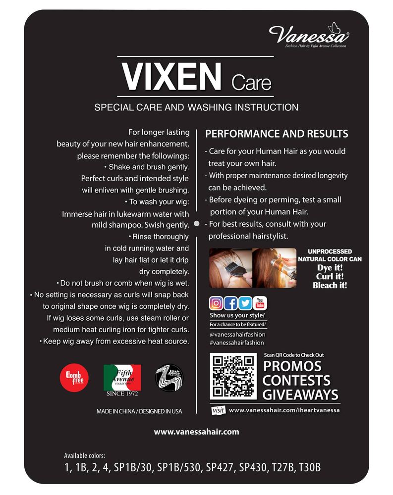 Human Wigs HJH DALAN VIXEN Care instruction card details washing, styling, and available colors for human hair.