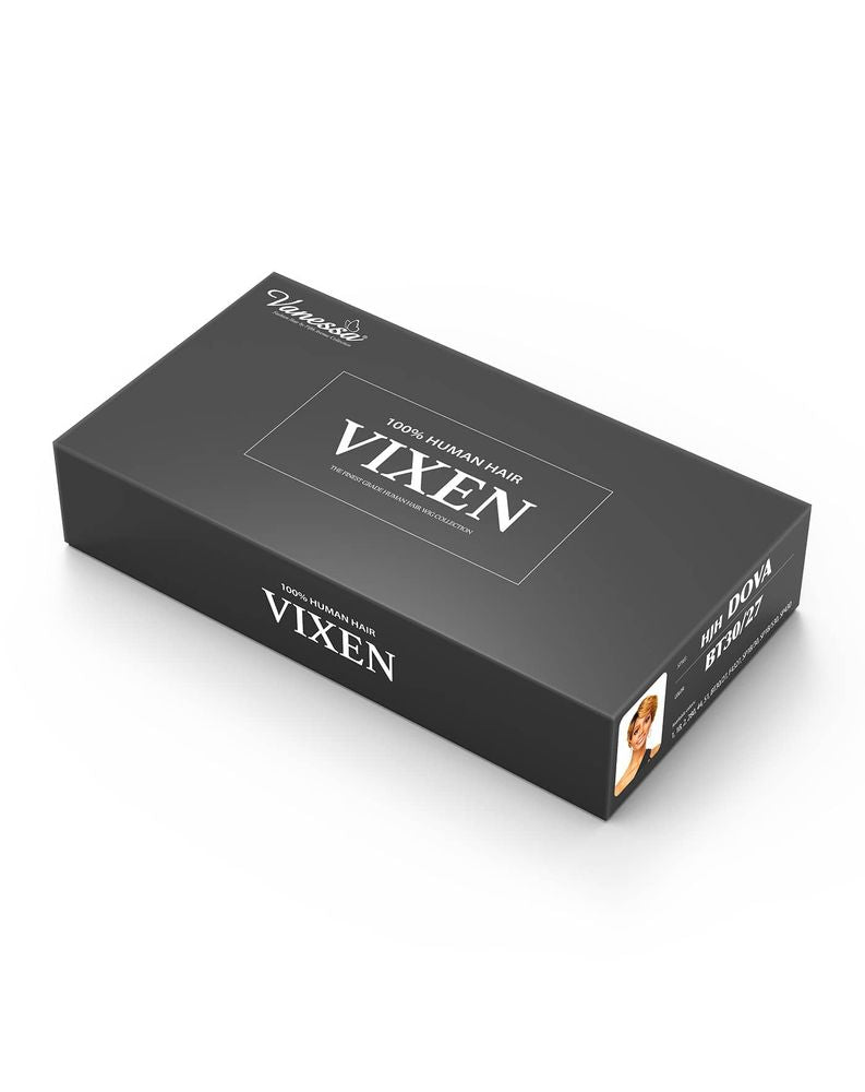 Black box packaging for Human Wigs HJH DOVA wig, showing 'Vixen' brand and color BT30/27.