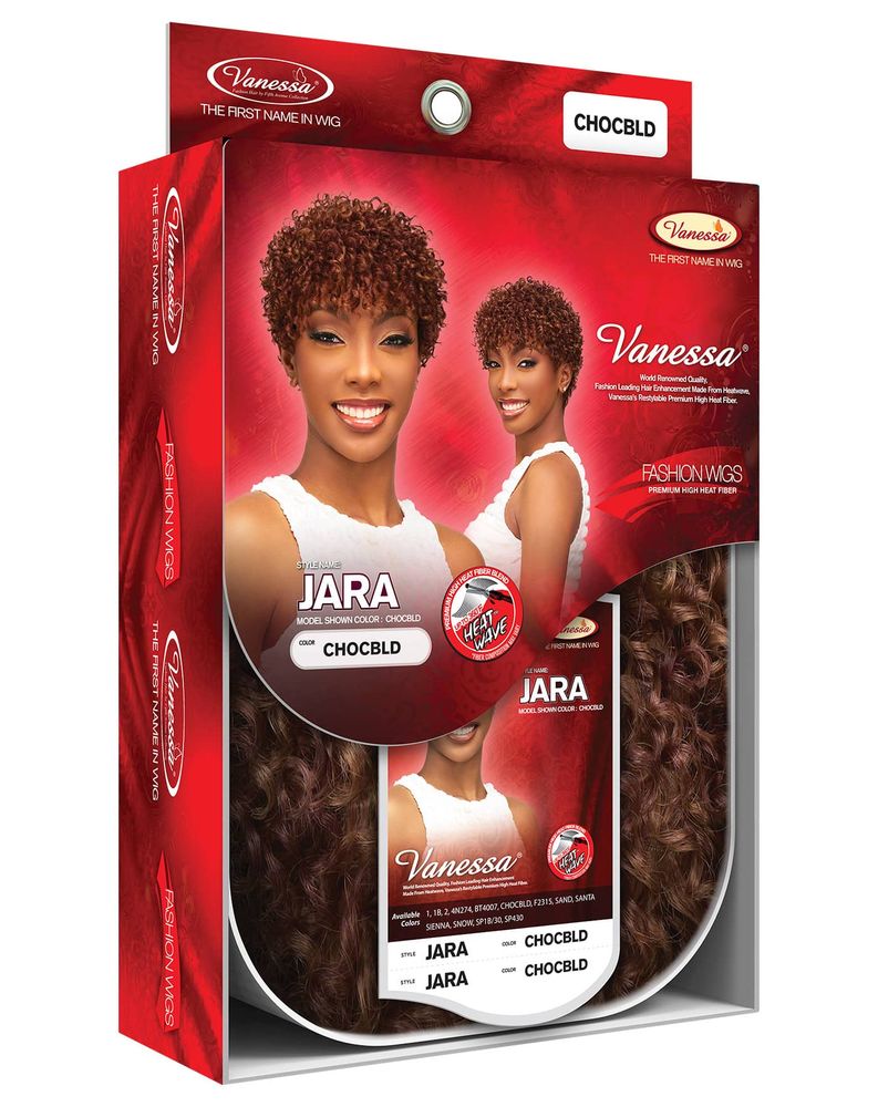 Product packaging for Vanessa JARA Synthetic Wig. Features a model in a short, reddish-brown, tightly curled wig. Shows lo...