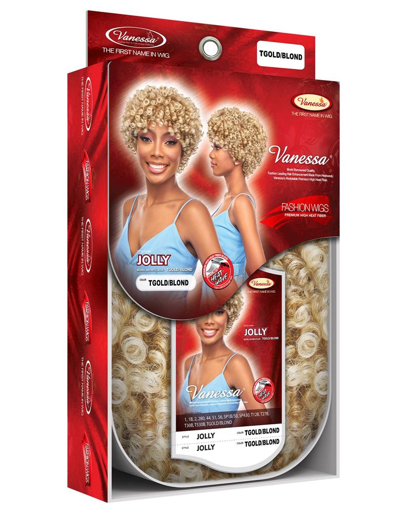 Vanessa JOLLY wig packaging with a smiling woman in a short, curly, TGold/Blond wig and a texture close-up.