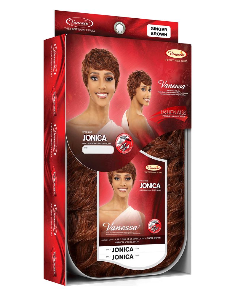 Vanessa JONICA wig packaging. Model wears a short, wavy ginger brown pixie cut. Displays wavy hair texture.