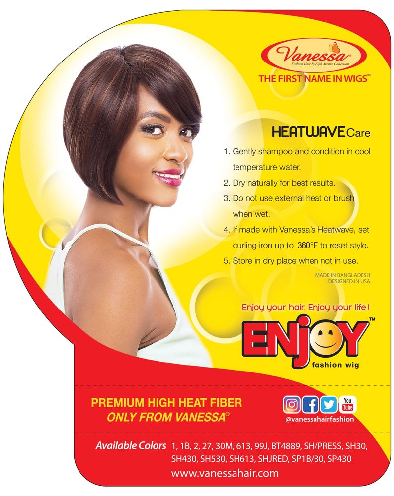 Smiling woman wearing Vanessa Half Wig JOY WANIO. She has a short, sleek, dark brown bob with reddish highlights, side-par...