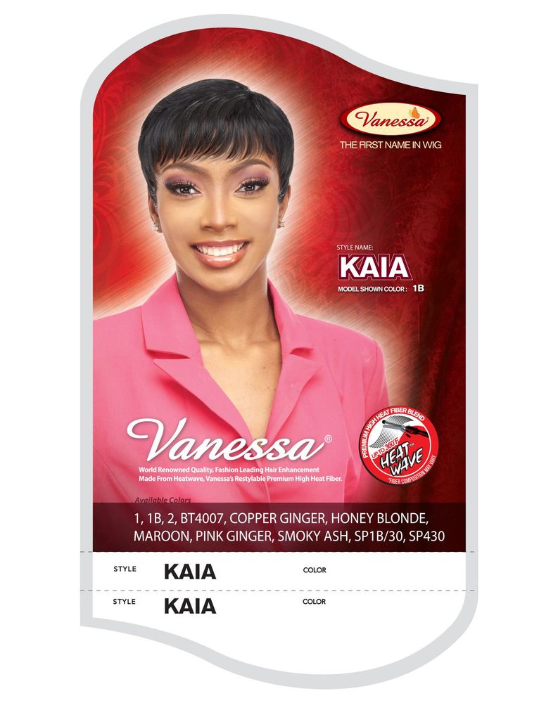 Vanessa KAIA Synthetic Wig packaging: smiling woman wears a short, dark pixie cut with feathered bangs.
