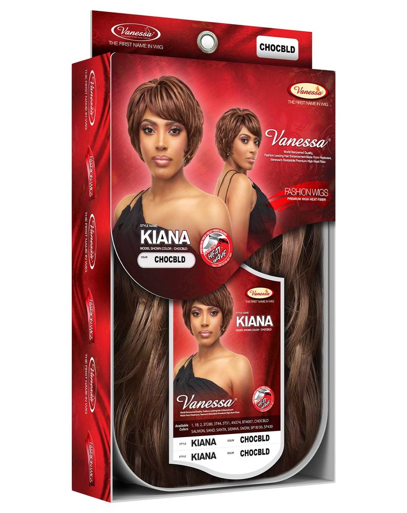 Vanessa KIANA Synthetic Wig packaging features a model in a short brown bob and a long wavy chocbld hair sample.