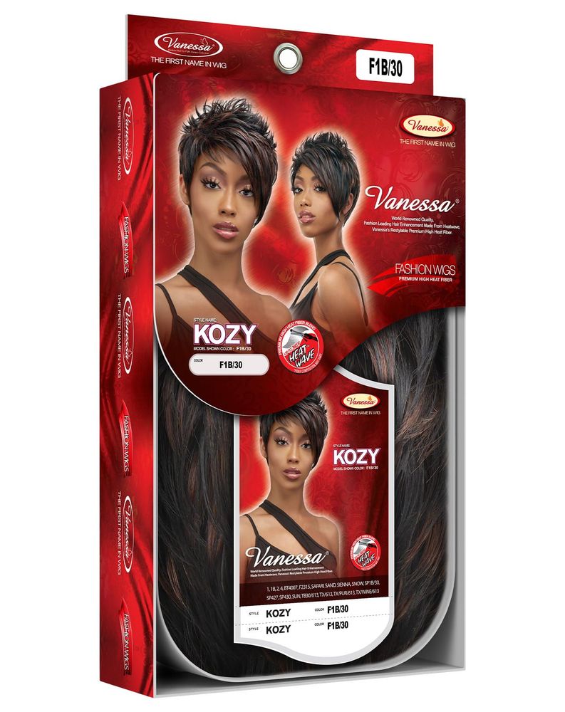 Vanessa KOZY Synthetic Wig packaging. Model wears a short, spiky, layered F1B/30 reddish-brown pixie cut wig.