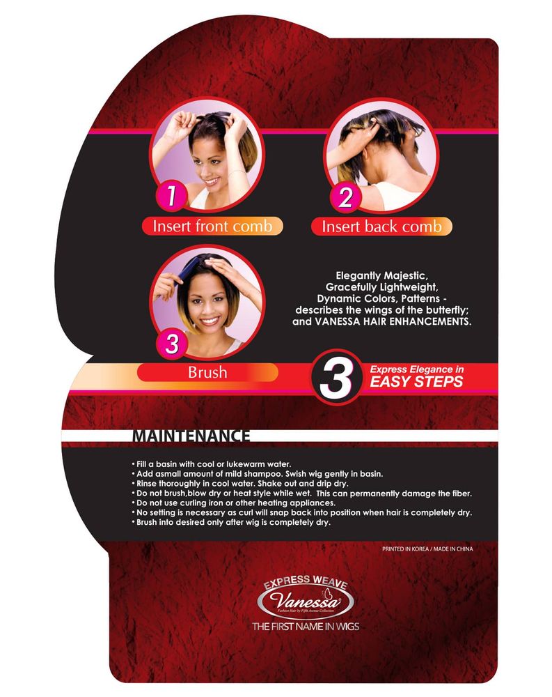 Vanessa Half Wig LA APPLE packaging. Shows a woman demonstrating 3 steps to wear the wig (inserting combs and brushing), p...