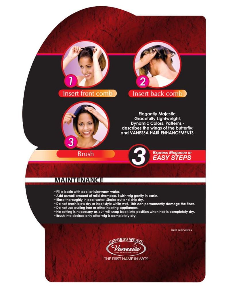 Vanessa Half Wig LA COSMO packaging illustrates 3 steps: woman inserting combs and brushing a short, straight ombrΓ© wig.
