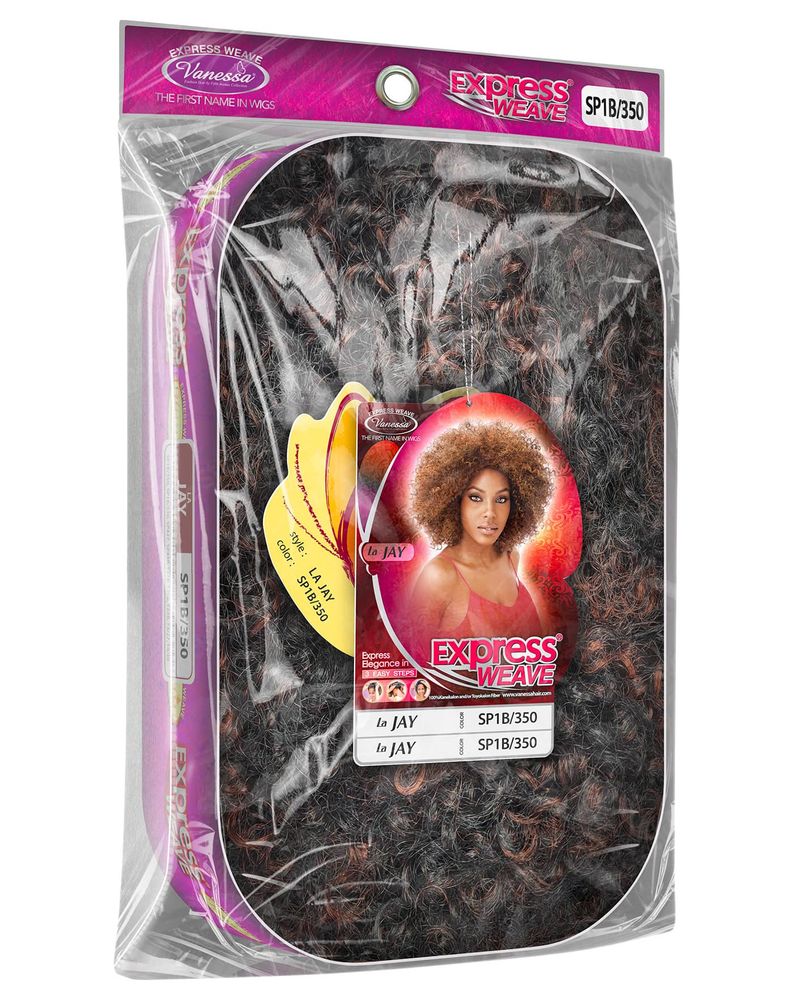 Vanessa Half Wig LA JAY packaging. Model wears a voluminous, coily, medium-length SP1B/350 afro wig.