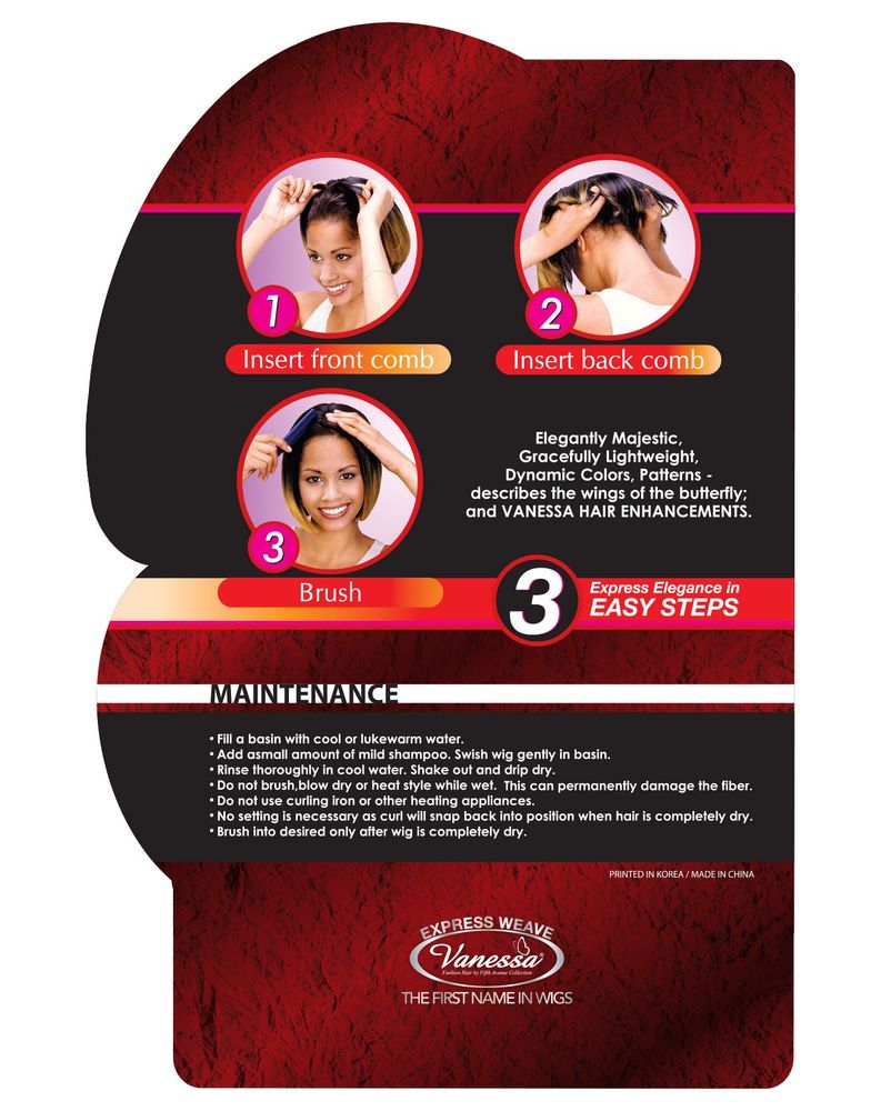 Packaging for Vanessa Half Wig LA OMARA, detailing 3 easy steps to wear with images, plus maintenance instructions.