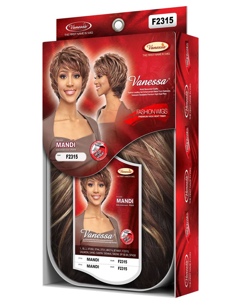 Product packaging for Vanessa MANDI Synthetic Wig. A model wears a short, layered brown bob with blonde highlights. The wi...