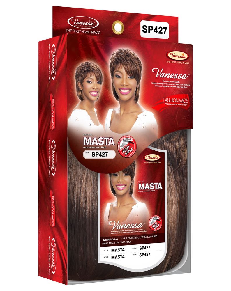 Vanessa MASTA Easy-to-Wear Synthetic Wig packaging shows a woman in a short, reddish-brown wig; long hair visible.