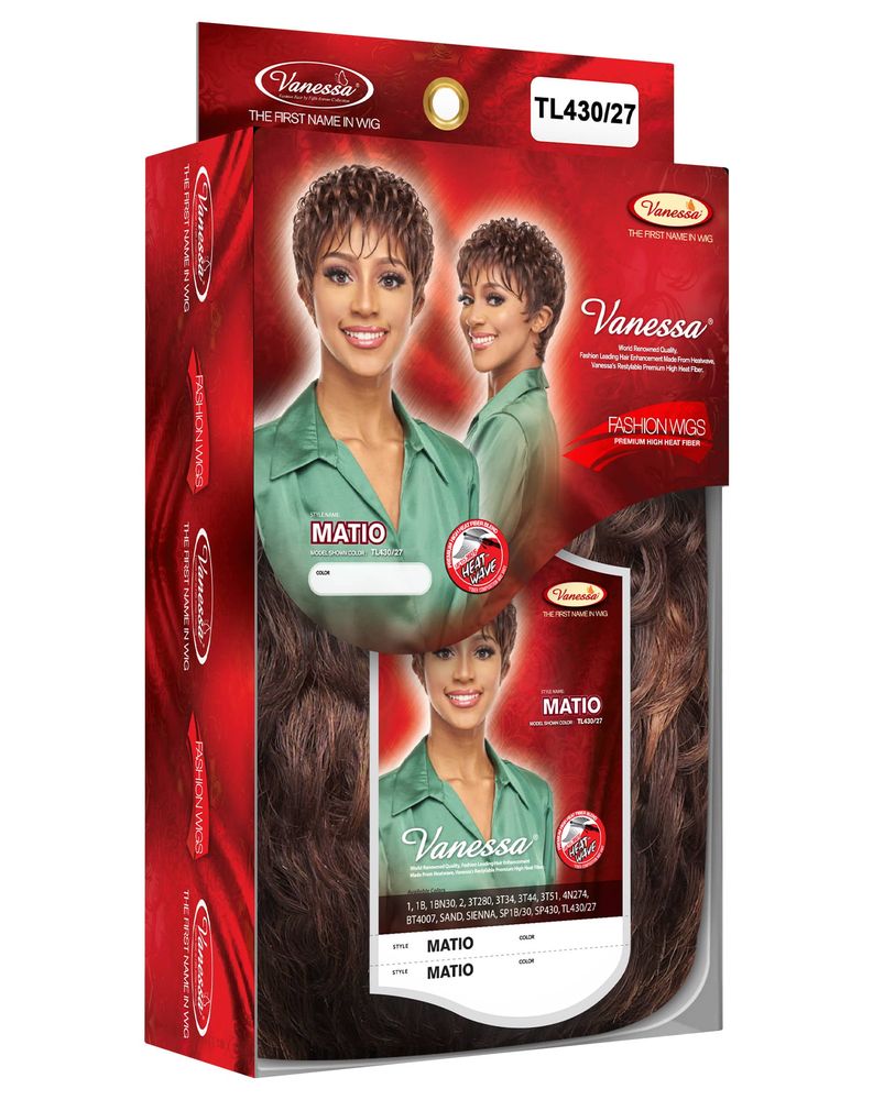 Vanessa MATIO Synthetic Wig packaging. Features a smiling woman with a short, wavy, brown wig. Shows the longer, wavy brow...