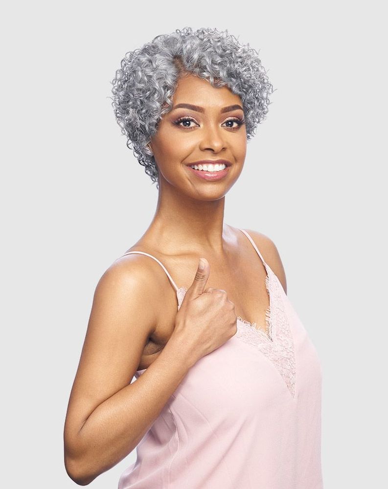 Smiling woman with MB FALCON short, silver, tightly curled synthetic lace wig styled with a side part.