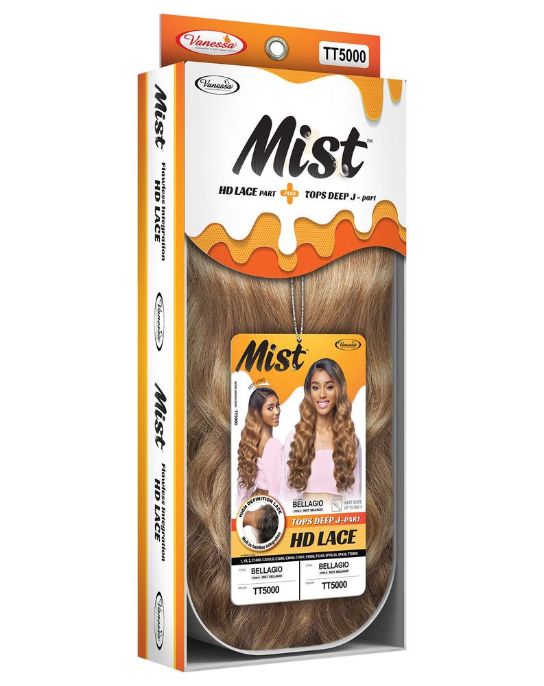 Packaging for Mist Bellagio synthetic lace wig. Features a window showing long, wavy light brown hair (TT5000) with models...