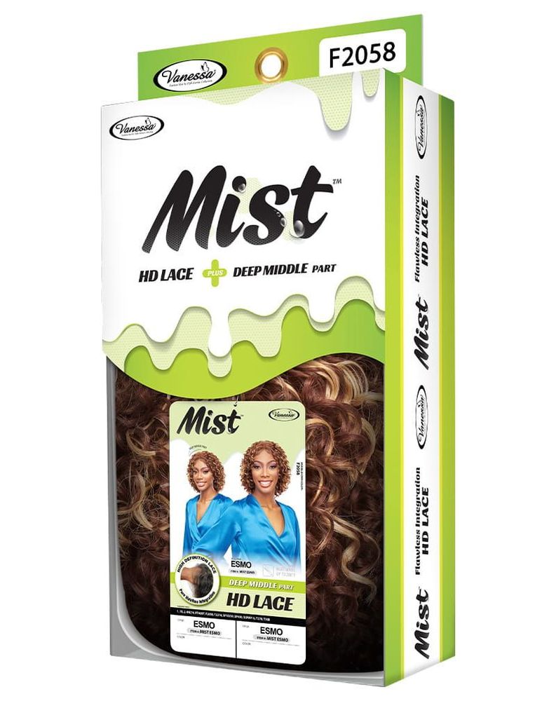 Packaging for Synthetic Lace Wigs MIST ESMO. It shows brown and blonde highlighted curly hair, with a model wearing the Es...