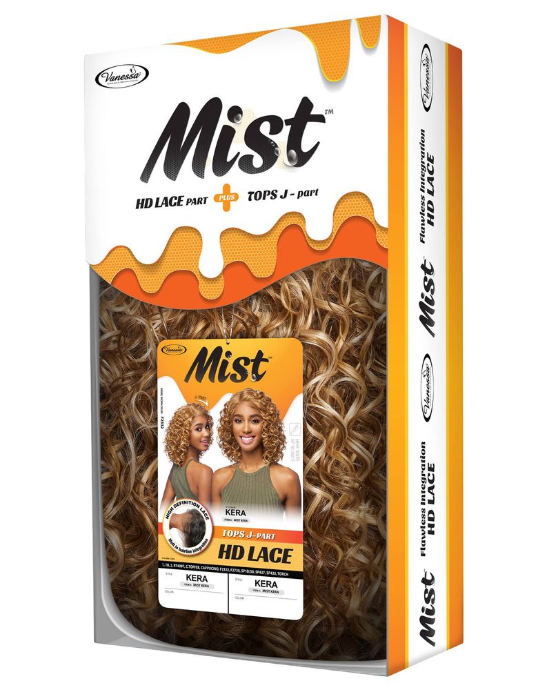 Packaging for Synthetic Lace Wigs MIST KERA, with a clear window showing shoulder-length, curly blonde hair.