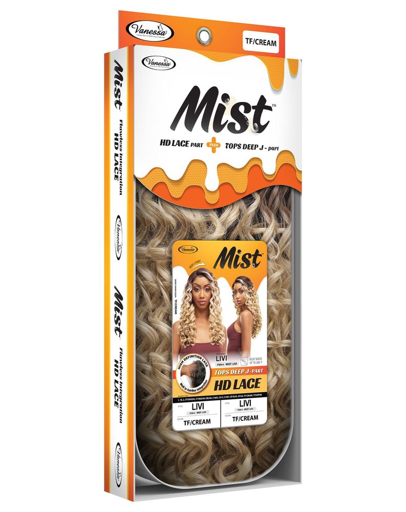 Product packaging for Synthetic Lace Wigs MIST LIVI with visible long, wavy, blonde TF/CREAM hair, and a model.