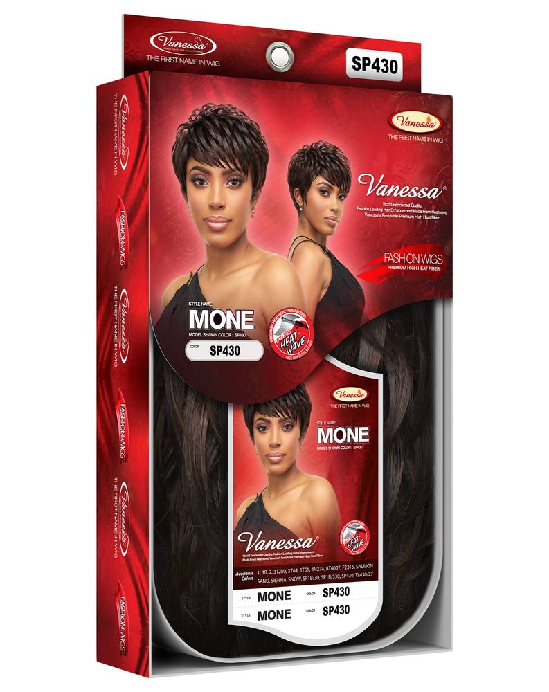 Vanessa MONE Synthetic Wig packaging shows a model with a short dark brown pixie cut and a long, wavy wig inside.