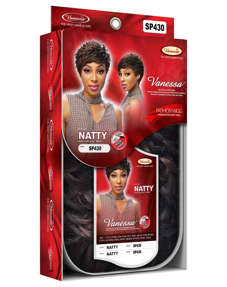 Vanessa NATTY wig packaging showing a model with a short, layered brown pixie cut wig and dark wavy hair below.