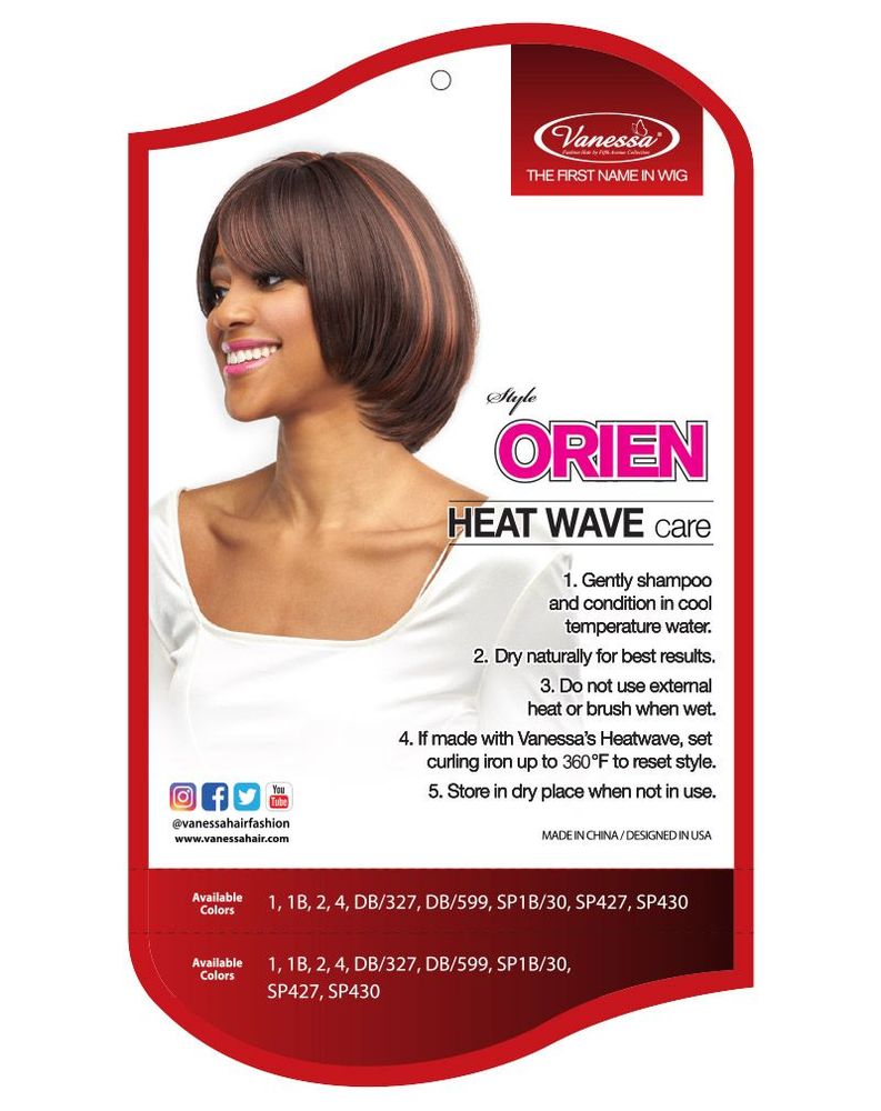 Vanessa ORIEN Synthetic Wig packaging shows a smiling woman wearing a chin-length brown bob with bangs and subtle copper h...