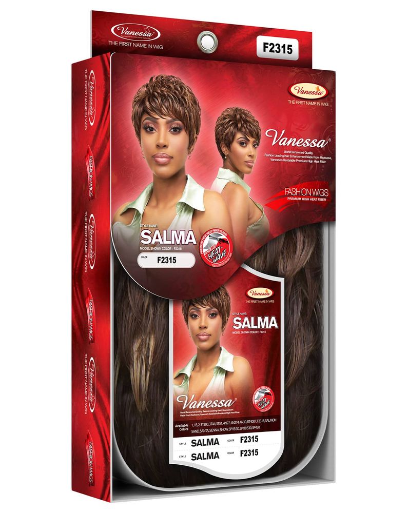 Vanessa SALMA Synthetic Wig packaging: woman models a short, layered, voluminous brown wig.