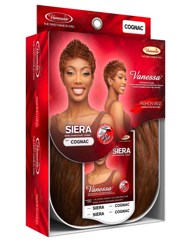 Vanessa SIERA Synthetic Wig packaging. Red box shows a smiling woman with a short, spiky cognac wig. A long cognac hair sa...