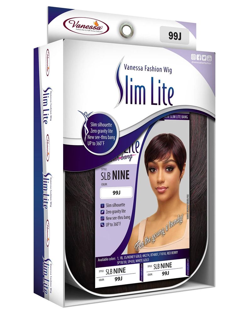 Packaging for Vanessa SLB NINE Synthetic Wig, color 99J, showing a model in a short, sleek, dark red bob with bangs.