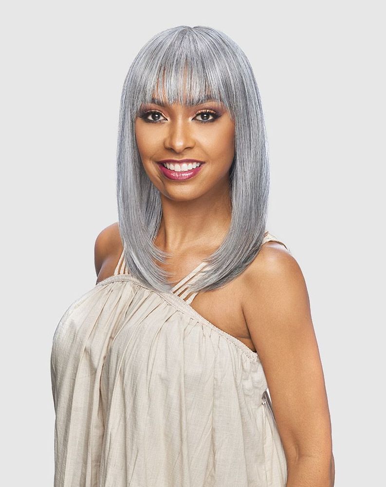 Woman models Vanessa SLB ONE Synthetic Wig β Sleek Bob. It's a straight, shoulder-length silver bob with blunt bangs.