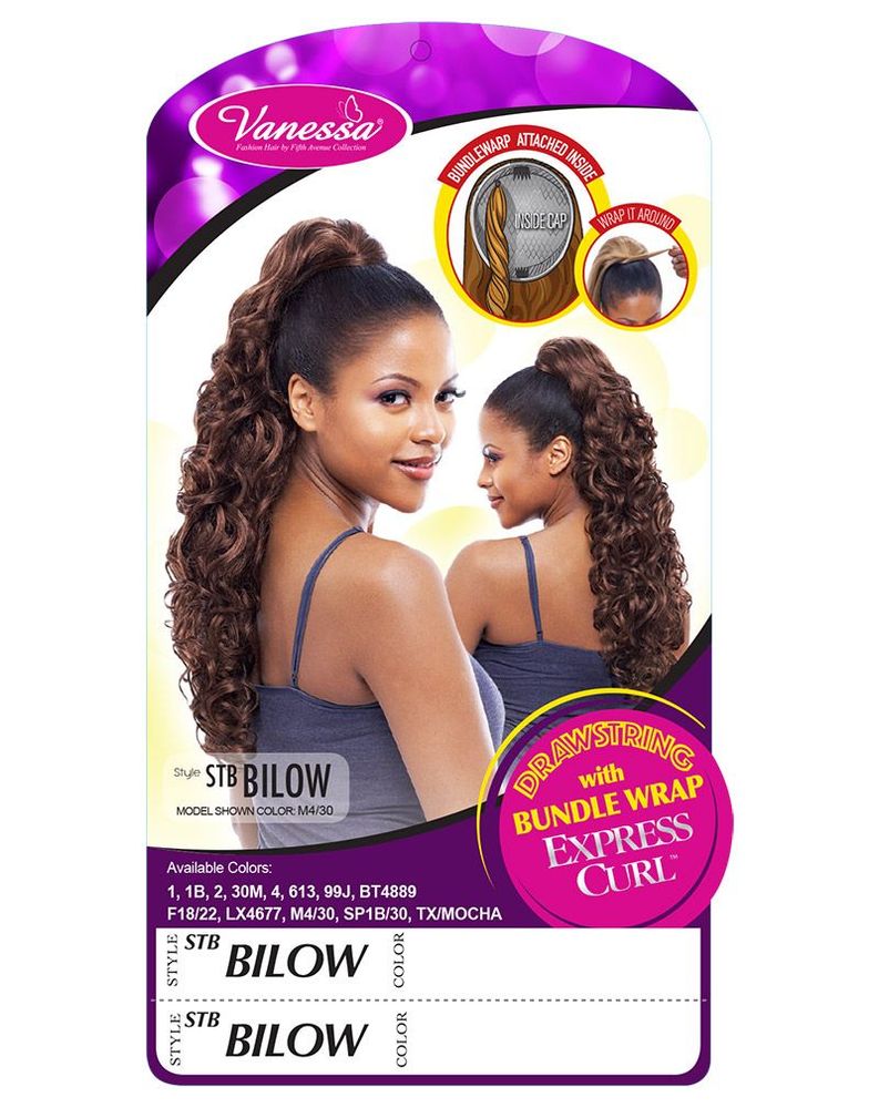 Vanessa STB BILOW Big Wave Synthetic Ponytail packaging with a model wearing a high, voluminous, curly brown ponytail.