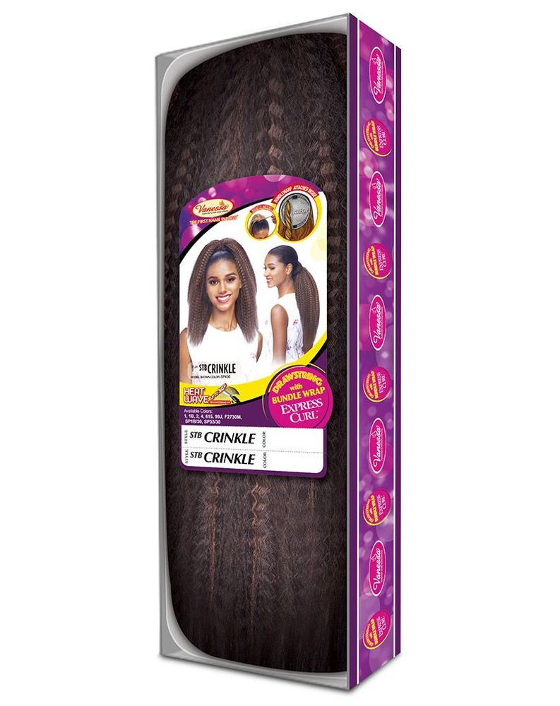Product packaging for Vanessa STB CRINKLE Ponytail. It features dark brown, crimped hair and a model.