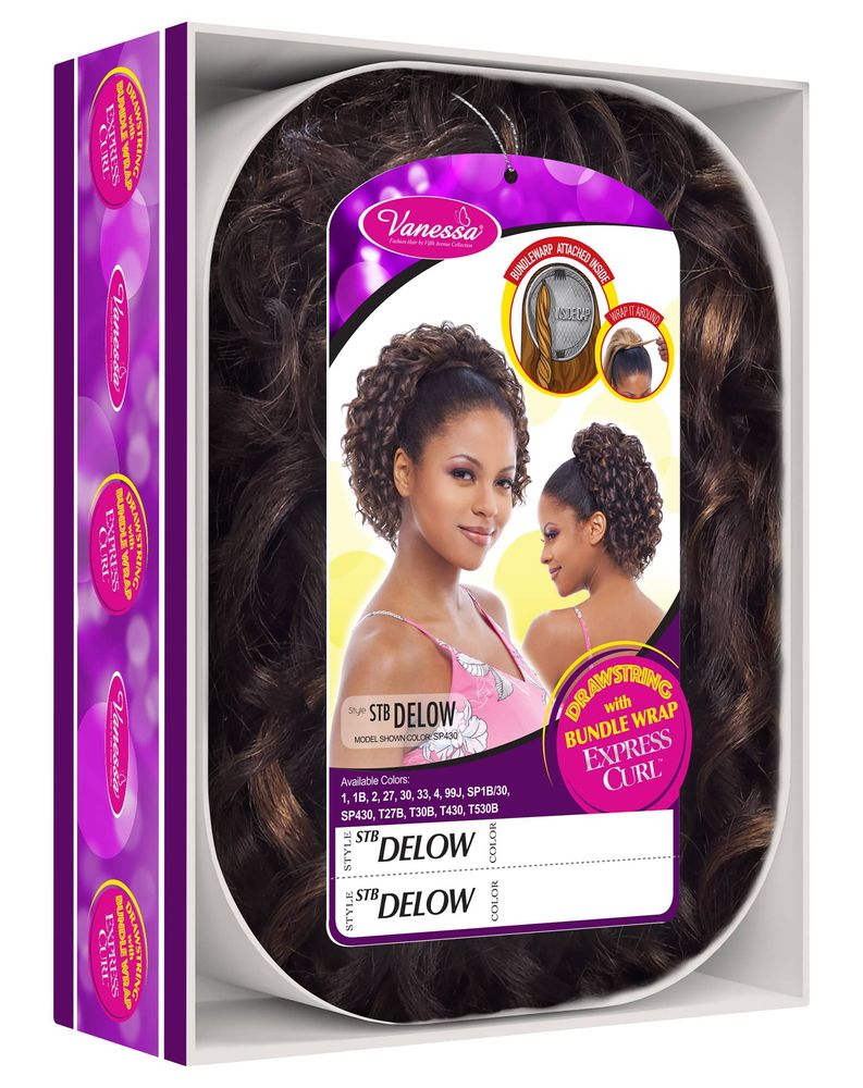 Vanessa STB DELOW Deep Wave Ponytail packaging, showing a woman with a voluminous, dark brown curly ponytail with highlights.