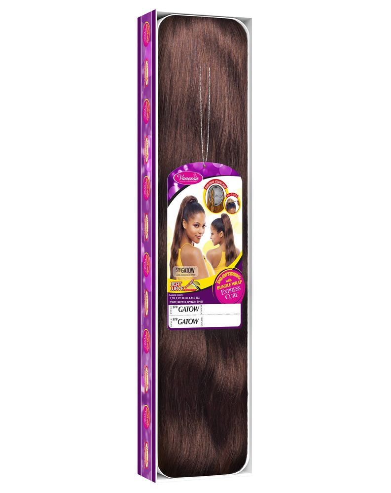 Vanessa STB GATOW Twist Wave Ponytail packaging. Long dark brown wavy hair extension visible in the box with product label.