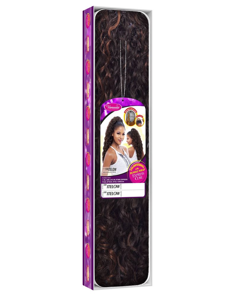 Product packaging for Vanessa STB ITELOW Ponytail. Shows soft wave synthetic hair, dark brown with auburn highlights, and ...