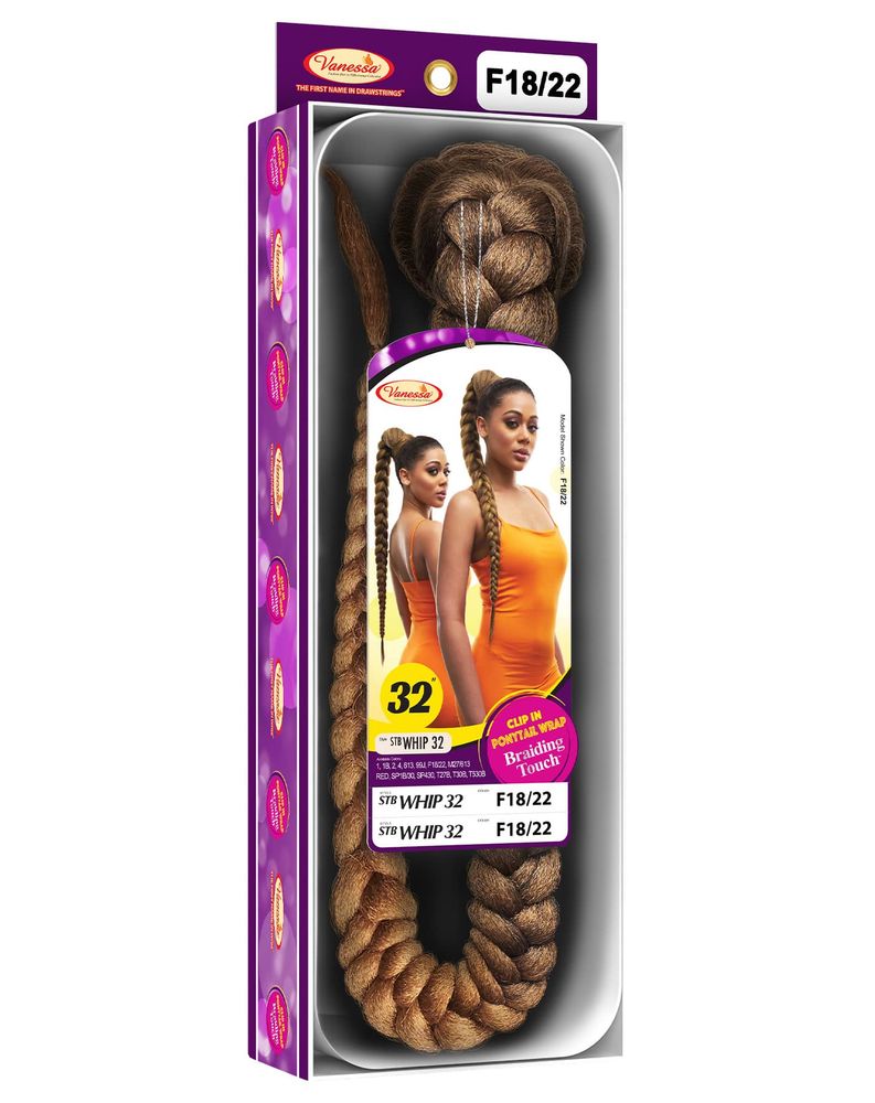 Vanessa STB WHIP 32 Ponytail extension packaging. Shows a coiled, thick F18/22 brown braided ponytail, and a model wearing...