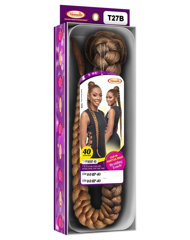 Vanessa STB WHIP 40 Long Synthetic Ponytail packaging with a thick, braided T27B brown ponytail and model.