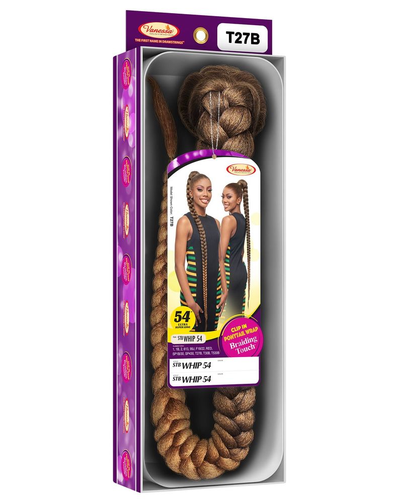 Vanessa STB WHIP 54 Ponytail packaging displays an extra-long T27B brown synthetic braided wrap ponytail, coiled inside.