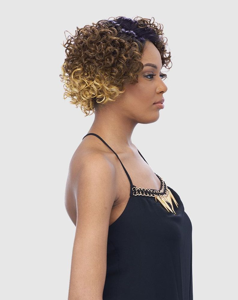 Model wears Vanessa SUPER C DALIS Synthetic Wig: short, curly bob, dark roots blending to golden blonde.