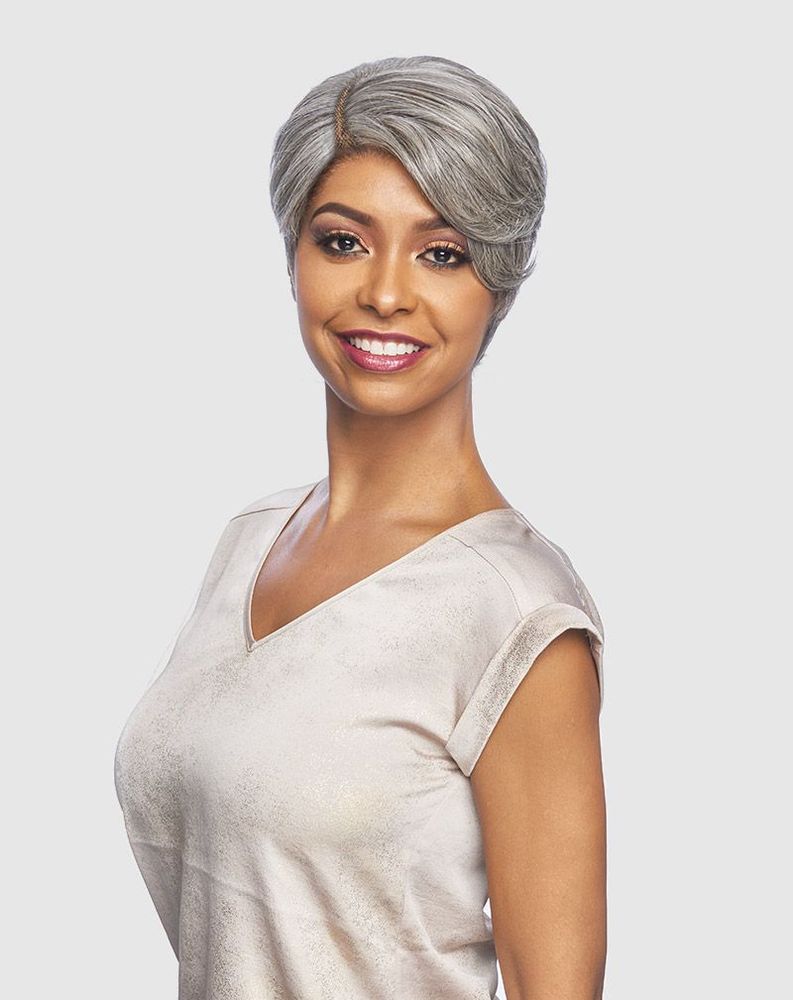 Smiling woman in Vanessa SUPER C MARYJAE Synthetic Wig: a chic, short, layered silver-grey pixie with a side-swept fringe.