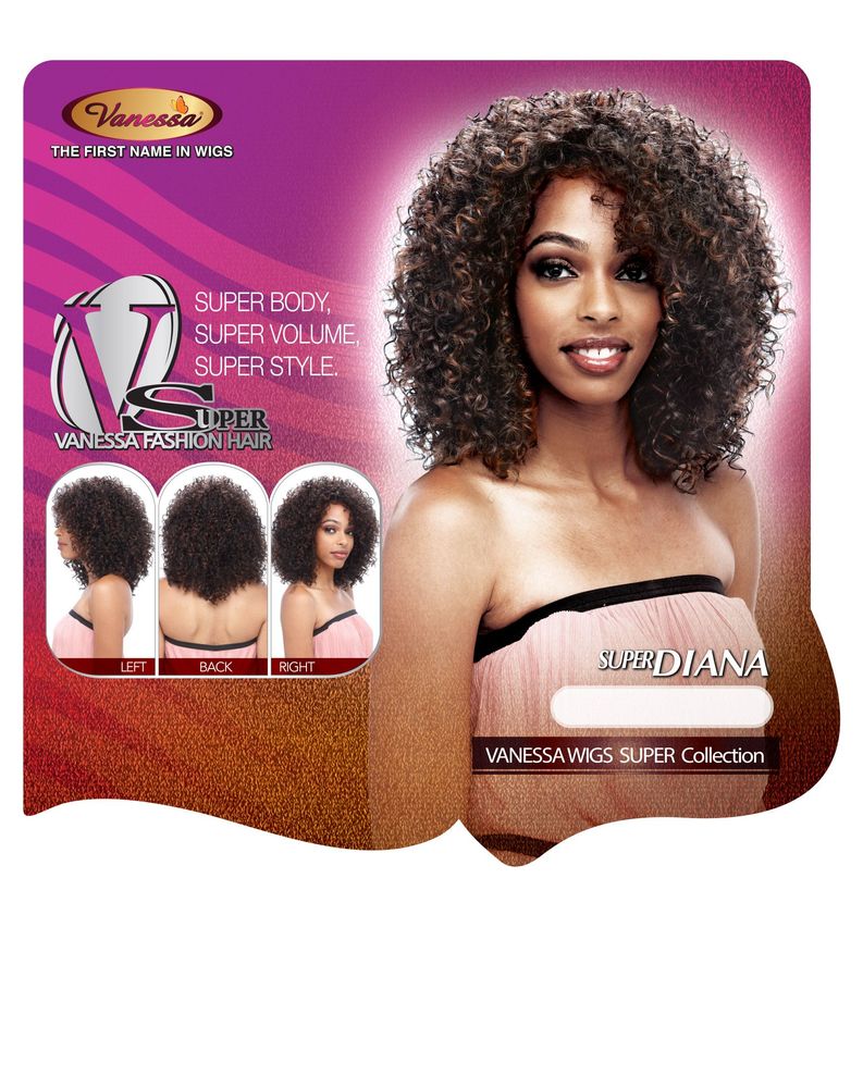 Product packaging: A woman models the Vanessa SUPER DIANA wig, featuring voluminous, shoulder-length dark brown curls with...