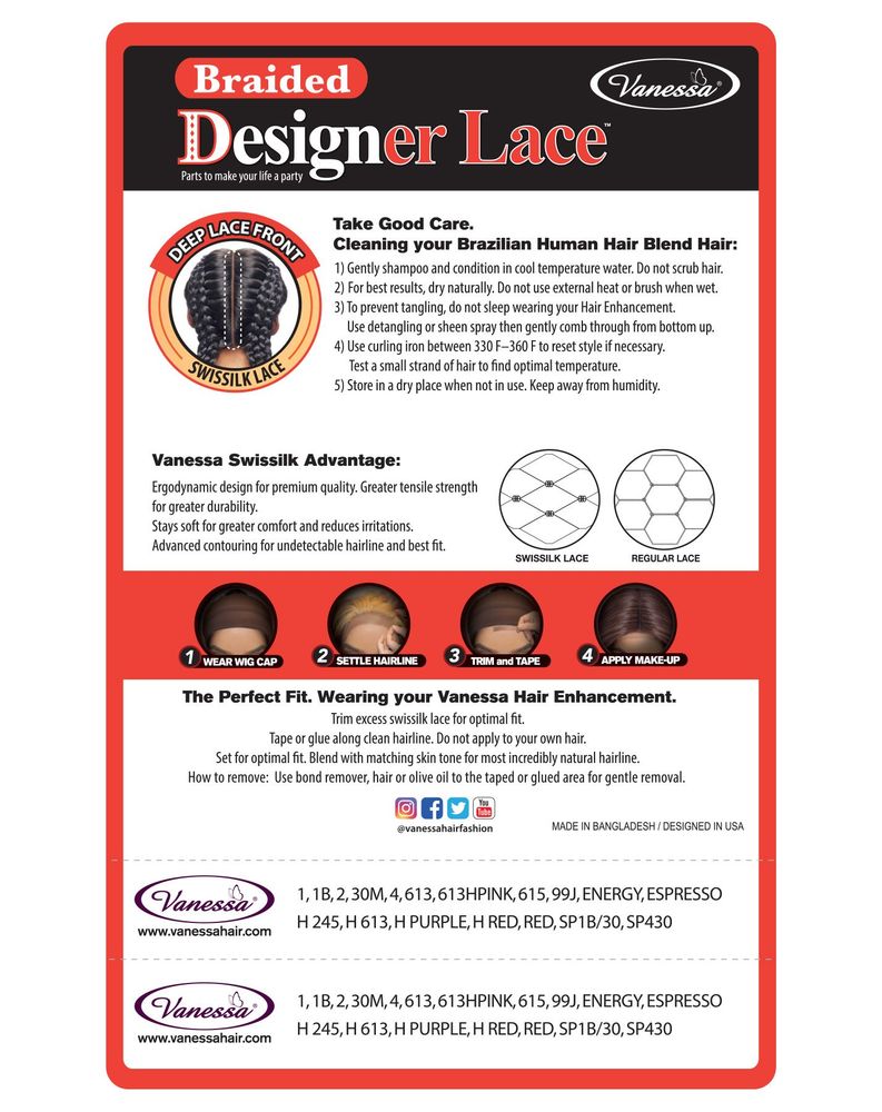 Packaging for Synthetic Lace Wigs TBD APACHE, with Braided Designer Lace details, care instructions, and wearing guide.