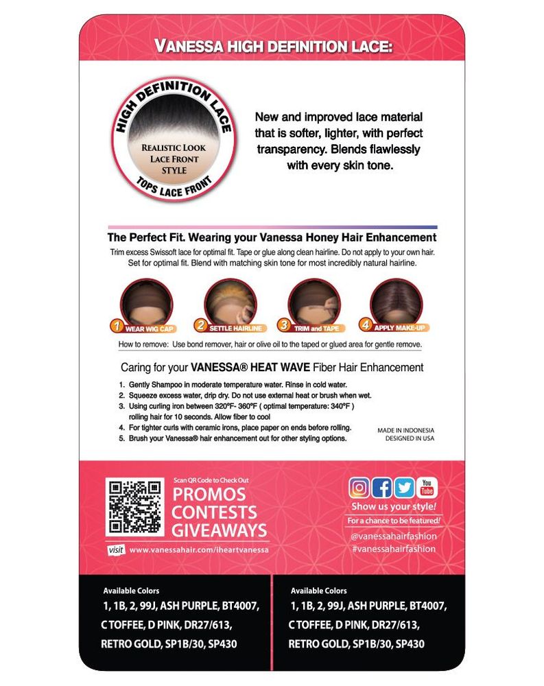 Product info card for Synthetic Lace Wigs TID KIMBERLY. Shows lace front details, wig wearing steps, care instructions, an...