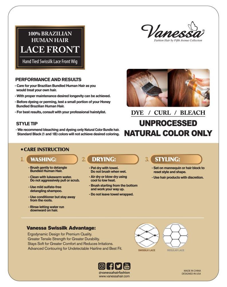 Informational sheet for Human Lace Wigs TJH BECCA, describing Brazilian Lace Front wig features, care, and styling.